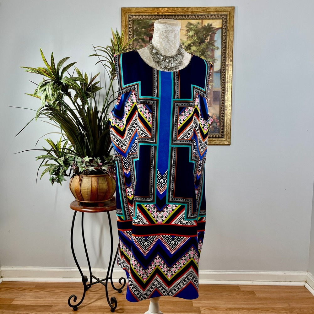 ILE New York Shift Dress Womens 18 Multicolor Polyester Geometric Sleeveless